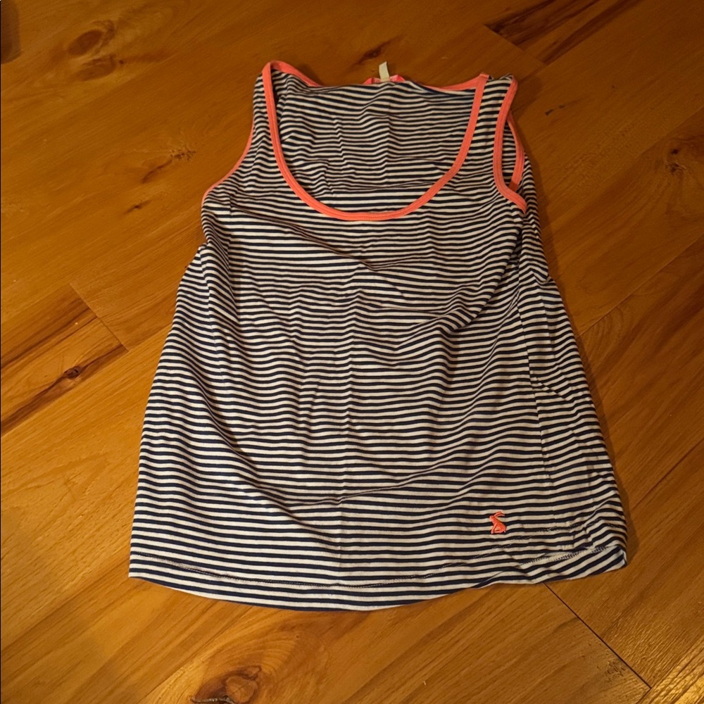 Joules Navy and White Striped Top with Coral Trim